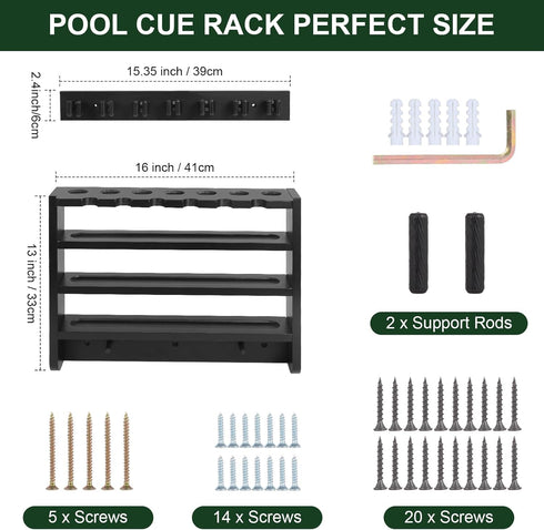 Pool Stick Holder - 7 Pool Cue Rack Wall Mount with Cue Rest and Ball Holder, Wooden Accessories for Game Room