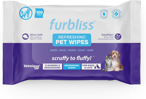 Vetnique Labs Furbliss Hypoallergenic Pet Wipes for Dogs & Cats, 100ct Pouch with All Natural Deoplex Deodorizer