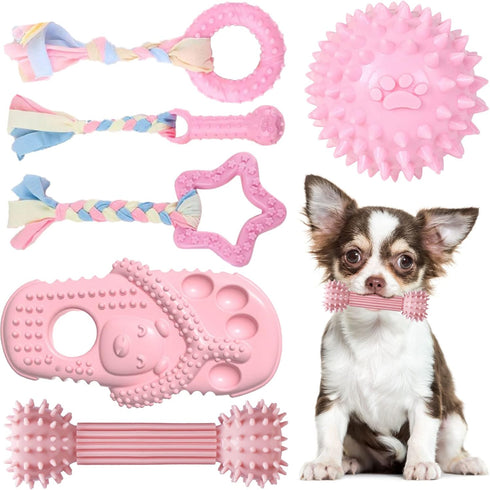 6 Pack Dog Toys for Small Dogs, Pink Soft Rubber Puppy Toys for Teething, Funny Slippers Ball Donut Interactive Set