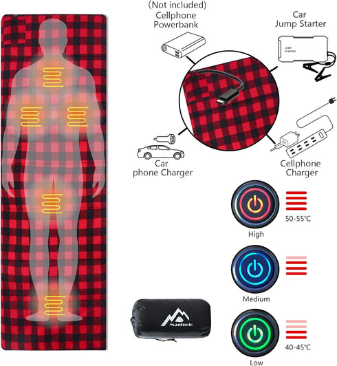 Heated Sleeping Bag Pad, Heated Sleeping Bag Liner with Type-C Input, 5 Heating Zones, Black & Red Flannel