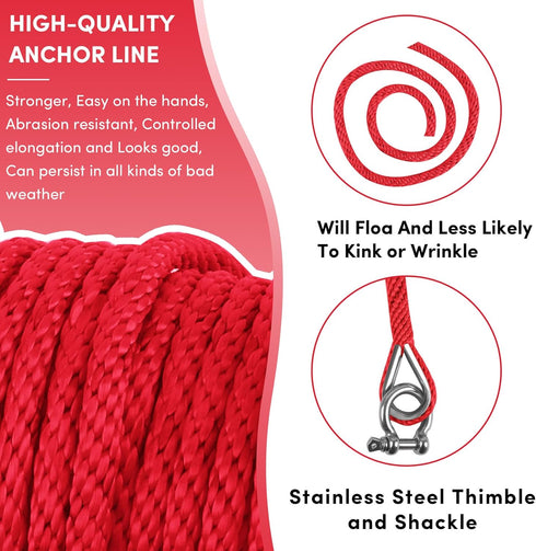 Premium Anchor Rope 50ft x 3/8 inch, Solid Braid MFP Marine Rope, Boat Anchor Line with Thimble & Shackle