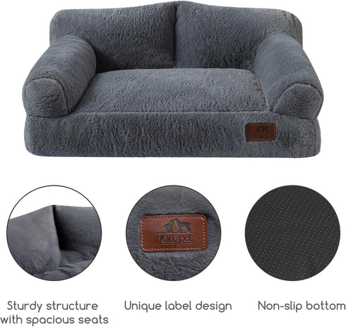 Hollypet Fluffy Plush Dog Cat Pet Sofa Couch, Soft Calming Pet Beds for Medium Small Cats and Dogs, Gray