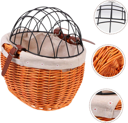 Woven Rattan Bike Basket Front Storage Basket for Pets and Groceries Wicker Design Breathable Comfortable Pet Carrier