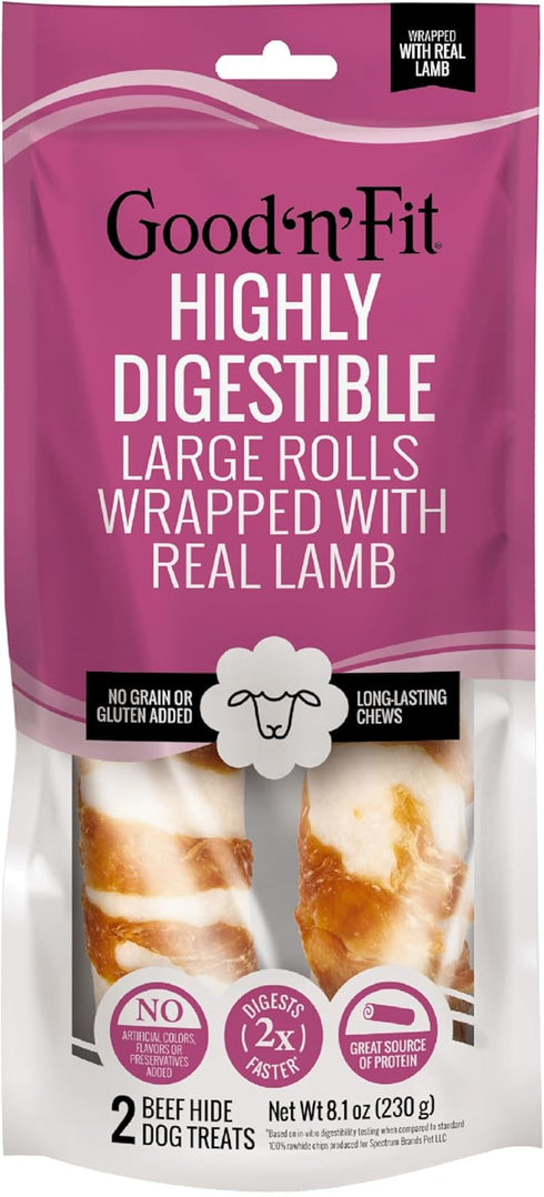 Good ‘n’ Fit Rolls with Real Lamb, 2 Large Rolls, Long-Lasting and Highly Digestible Rawhide Chews