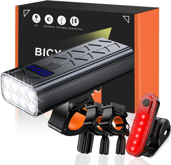 Rechargeable Bike Light Set, 8000 Lumens USB Bicycle Lights, Front Headlight and Taillight with 5+4 Light Modes,