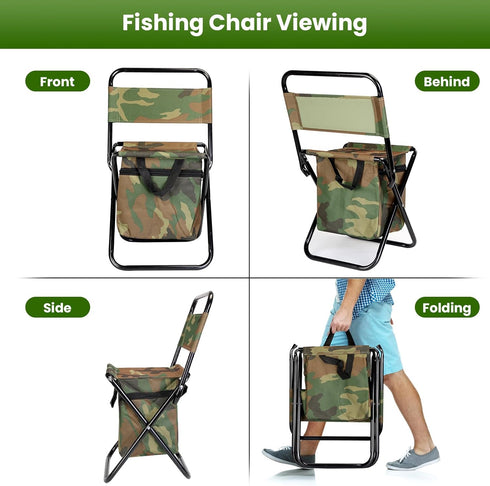 TeqHome Portable Foldable Fishing Chair with Cooler Bag, Lightweight Folding Camping Chair, Outdoor Backrest Stool