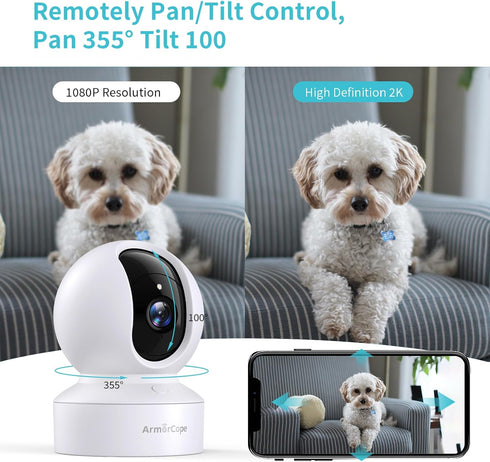 Pet Camera, 2K HD Dog Camera with Phone APP, 360° Pan/Tilt View, Night Vision, Motion Tracking Alarm