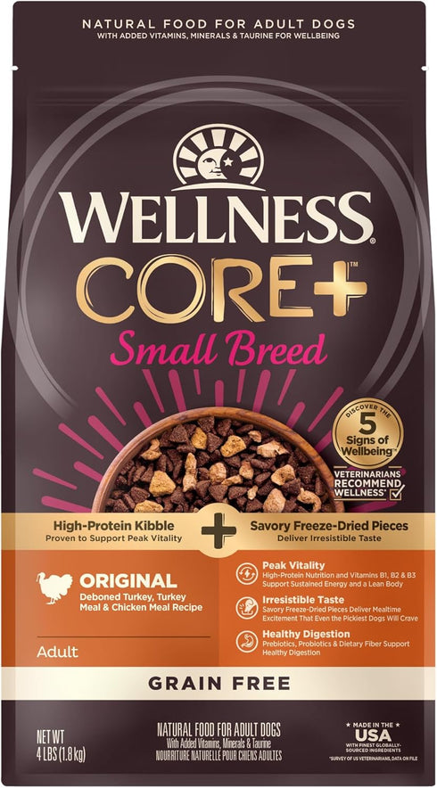 Wellness CORE+ Grain-Free Dry Small Dog Food, 4 lbs - Natural Ingredients with Real Freeze-Dried Meat