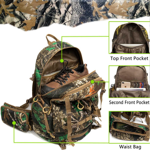 Hunting Backpack, Outdoor Gear Pack with Rain Cover, Durable Large Capacity Day Pack (KHAKI CAMO)