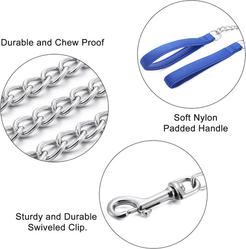 Metal Dog Leash Chew Proof Dog Chain Leash 4ft, 8ft Heavy Duty Sturdy Pet Dog Leash with Red Padded Handle for Large Medium Dogs (4'/3.0mm, Blue Handle)