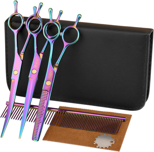 Dog Grooming Scissors Set with Safety Blunt Tip - Professional 7 in 1 Grooming Scissors for Dogs and Cats
