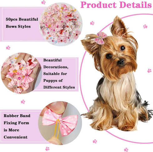 50pcs Dog Hair Bow Bowknot, Dog Bows Cute, Puppy Hair Bows Rhinestones Pearls Flowers Mix Styles Pet Grooming Rubber Bands Dogs Hair Accessories Handmade Hair Bows for Yorkie puppy dogs