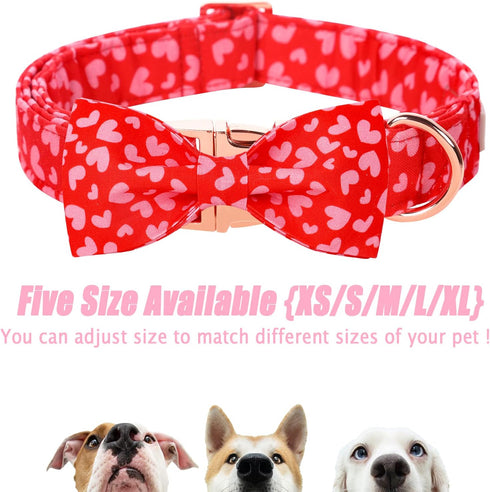 Valentine's Day Dog Collar with Bow Tie, Adjustable Pink Red Love Collar for Small Medium Large Boy & Girl Dogs, L-Neck