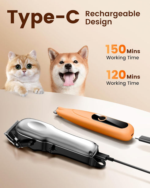 Trimmer, PAPMINI Dog Grooming Kit With Paw Low Noise Cordless Clippers for Thick Hair, Rechargeable Shaver for Pets