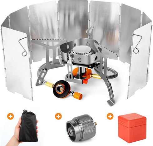Odoland 3500W Windproof Camping Gas Stove with Windscreen, Fuel Canister Adapter, Piezo Ignition, Portable Carry Case