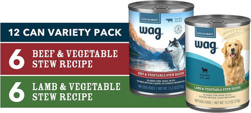 Pack, 13.2 (Pack 12) Amazon Brand - Wag Wet Dog Food Stew Variety Lamb & Beef Cuts in Gravy, Made with Natural