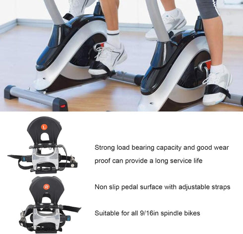 9/16 Exercise Bike Pedals, Aluminum Exercise Bicycle Pedals, with Toe Clip and Straps Pedal, Bike Pedal Straps