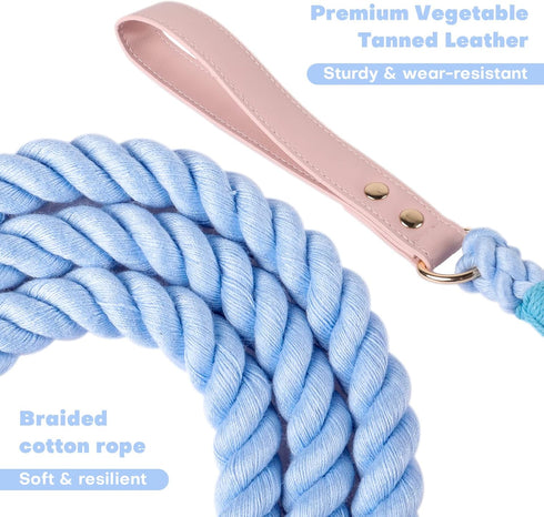 Lucky Monet 5FT Cotton Dog Leash - Ombre Rope Heavy Duty Braided Training with Comfortable PU Leather Handle for Small,