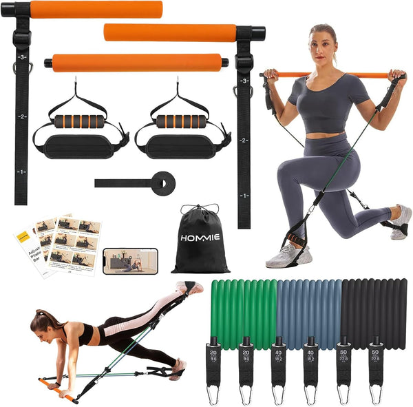 Hommie Portable Pilates Bar Kit with Resistance Bands (20-60lb) for Full-Body Home Gym Workouts