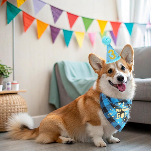Mihachi Dog Birthday Party Supplies - Bandana and Hat with Number, Triangle Scarf for Decoration Gift for Small Medium