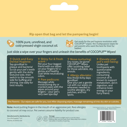 Dog Teeth Cleaning Wipes, Ear Nose Paws Fur Cleaner with Pure Coconut Oil