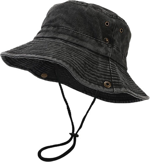 Unisex Cotton Boonie Hat, Packable Summer Outdoor Fishing Bucket Hat with String