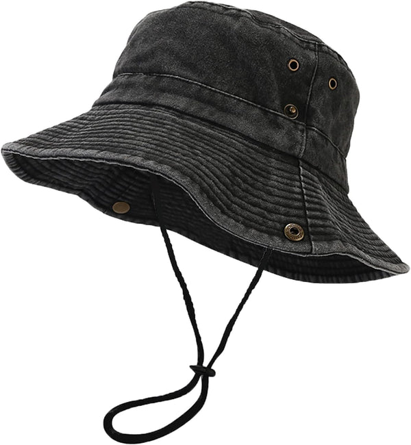 Unisex Cotton Boonie Hat, Packable Summer Outdoor Fishing Bucket Hat with String