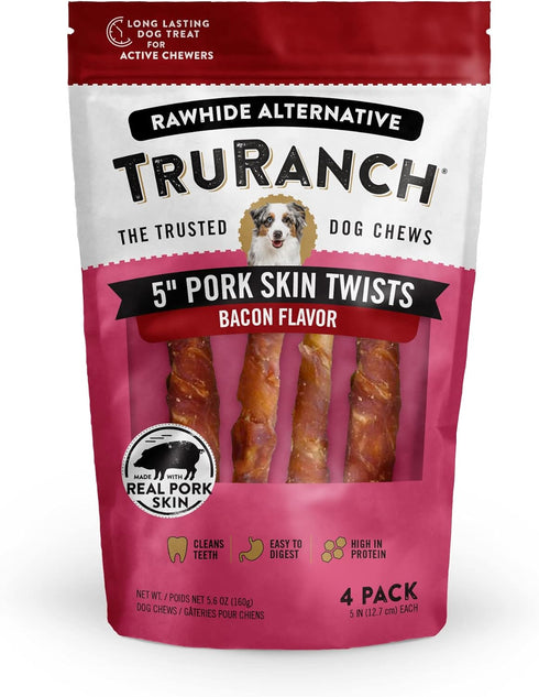 5" Medium Pork Skin Twists, Bacon Flavor, Healthy Dog Chews, Rawhide Alternative, 1 Bag, 4 Count
