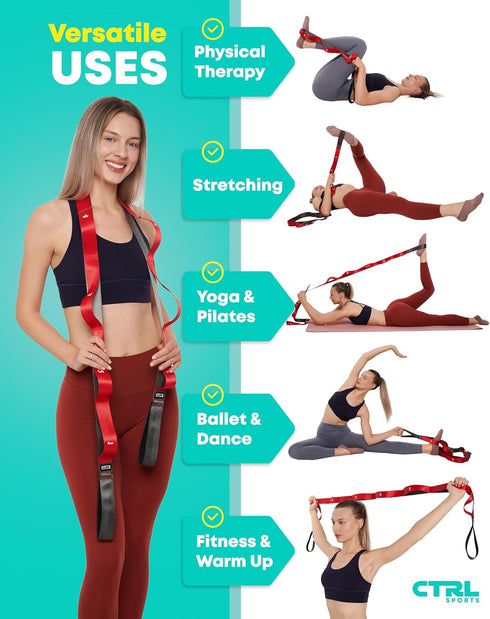 Stretching Strap with Loops - Non Elastic Stretch Band for Physical Therapy, Yoga, and Flexibility - Hamstring & Leg