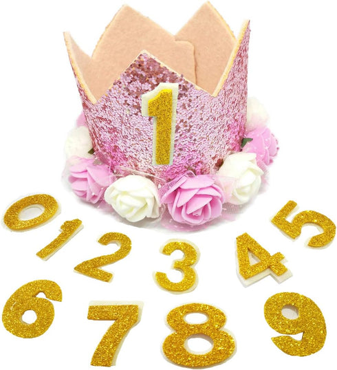 PET SHOW Pink Crown Dog Birthday Party Hat for Girls, Reusable Headband with 0-9 Figures Charms, Pack of 1