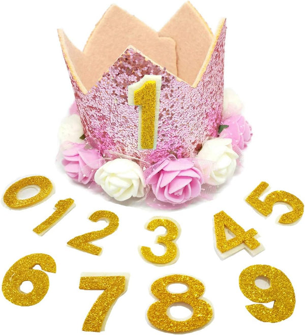 PET SHOW Pink Crown Dog Birthday Party Hat for Girls, Reusable Headband with 0-9 Figures Charms, Pack of 1