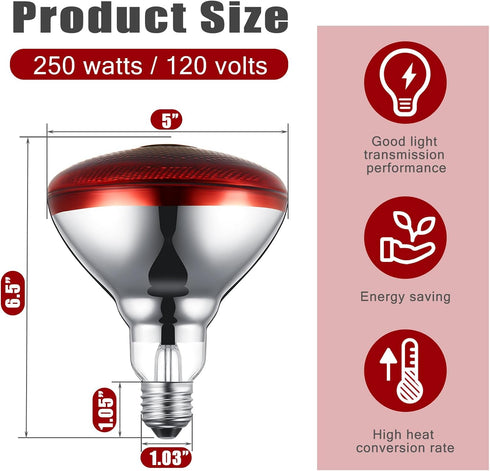 4 Pack 250watt 120v Bulbs E26 VIHOSE Infrared Heat Lamp for Chickens Thickened Red Heat Lamp for Food Service, Reptile