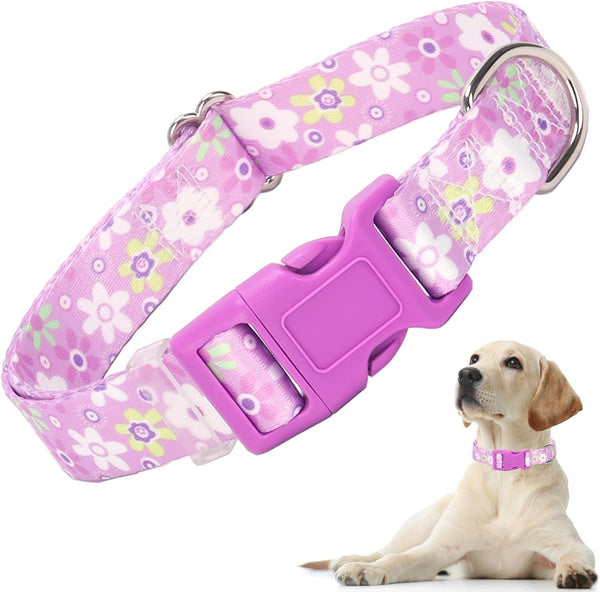Girl Dog Collar with Purple Floral Patterns, Adjustable Cute Soft Collar with Quick Release Buckle for Small Medium