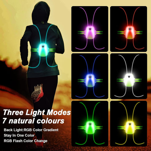 LED Reflective Running Vest Lights, USB Rechargeable Safety Night Lights for Men/Women, Three Light Modes with 7 Colors