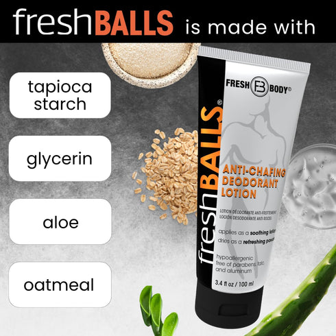 FRESH BALLS Lotion, Anti-Chafing Cream Ball Deodorant for Men, Aluminum-Free, Talc-Free, 3.4 oz