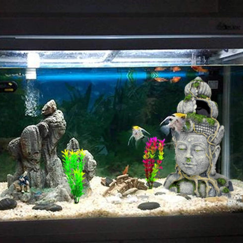 PINVNBY Large Buddha Head Statue Decorations for Fish Tank, Resin Ornament, Betta Hideout Cave for Small Fish and