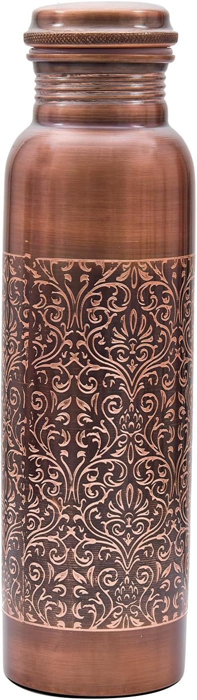 VJR Copper Bottle 33 Oz for Drinking Water Ayurvedic Leak Proof Floral Engraved Design