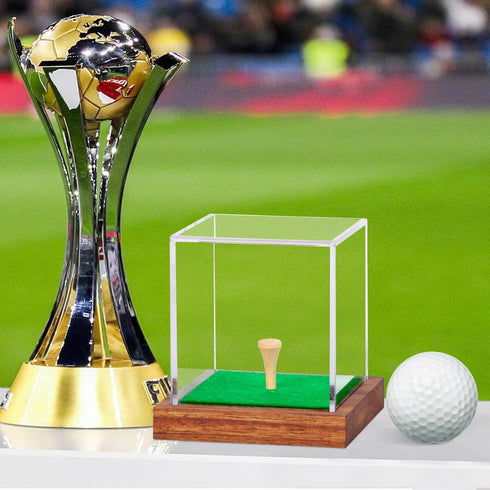Clear Acrylic Golf Ball Display Case with Wood Base & Tee, Memorabilia Stand Cube Holder, Dust Protection Transparent