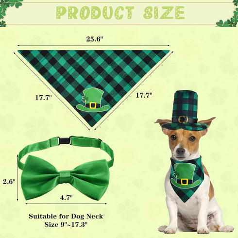 Vehomy 4pcs St Patrick's Day Dog Costumes, Buffalo Plaid Dog Hat, Collar, and Bandana, Irish Holiday Pet Outfit
