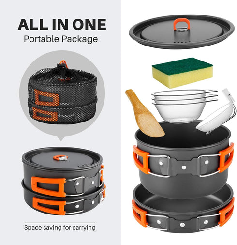 Odoland 9pcs Camping Cookware Set - Non-Stick Lightweight Pots and Pans with Plastic Bowls for Outdoor Cooking