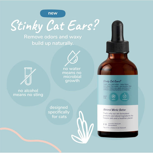 kin+kind Cat Ear Cleaner - Natural Cat Ear Drops, Vet Solution for Wax, Odor and Itchy Irritation, Made in USA