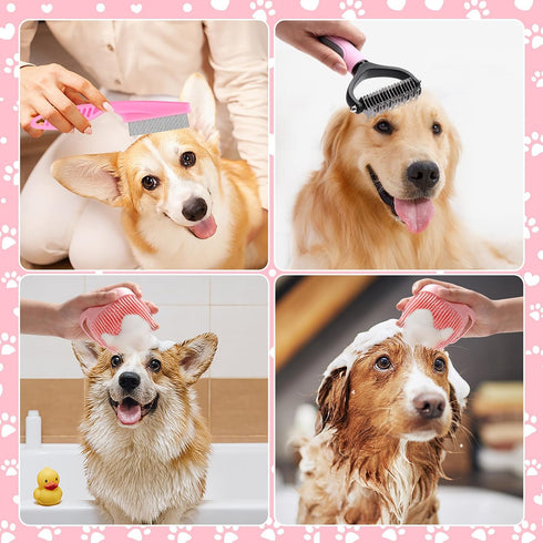 8 Pcs Dog Brush Grooming Kits, Self Cleaning Kit with Nail Clipper, Flea Comb, Bath Brush, and More, Pink