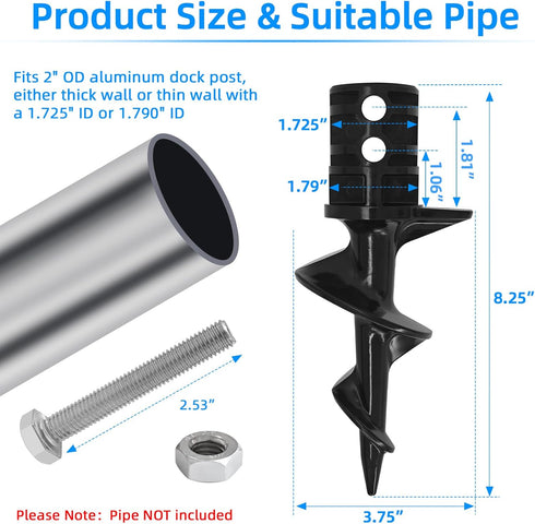 JYINCPED 2" 1.725" 1.790" Dock Auger for OD Pipe w/ ID or ID, Dock Sand Auger for PVC Tubing Sandbar Anchor or Aluminum
