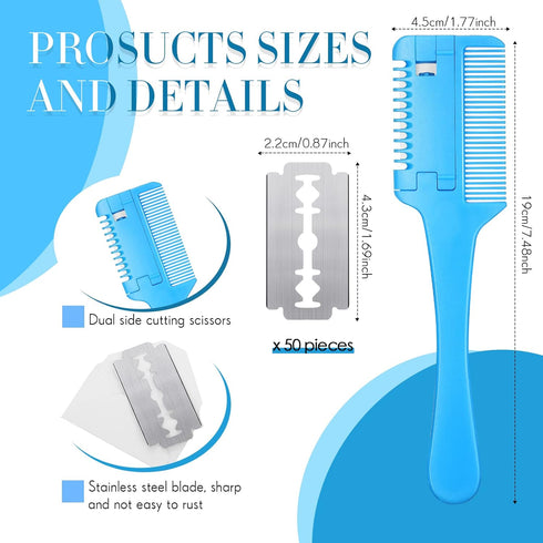 3 Pcs Pet Dog Cat Razor Comb with 50 Pcs Replacement Razors Hair Cutter Comb Cutting Scissors Hair Trimmer Comb Tool Grooming Dog Cat Double Sided Razor for Dog Cat (Pink, Blue, Purple)