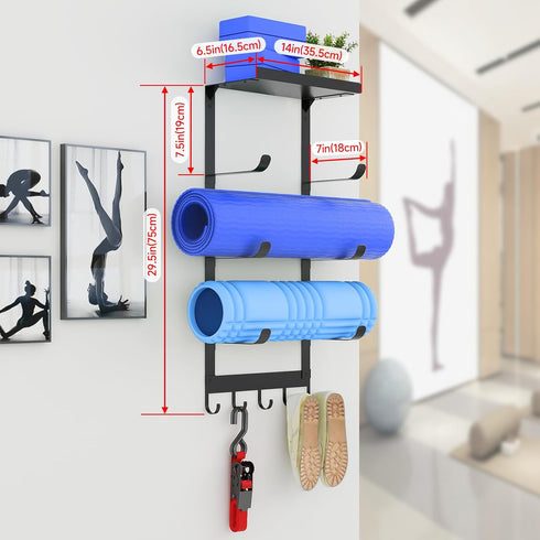 LSK Yoga Mat Holder Wall Mount, Black Storage Rack for Home Gym with 5 Hooks for Fitness Accessories