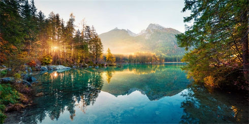 AWERT Nature Landscape Aquarium Background, 30x12 inches Vinyl Background with River Mountain Autumn Scenery