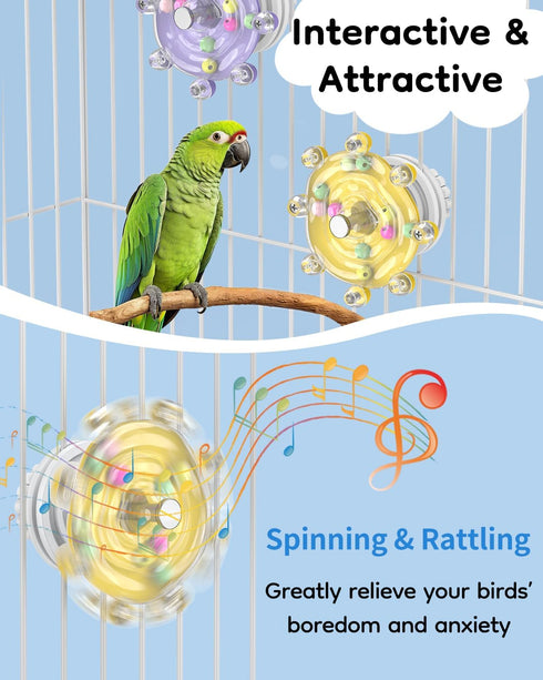2 Pawfly Pcs Bird Toys for Parakeets, Colorful Spinning Wheel Chew Toys, Interactive Spinner Rattle Parrot Toys
