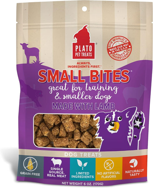 PLATO Pet Treats Air Dried Small Bites Dog Treats, Natural Real Meat & Lamb, Grain Free, 6oz