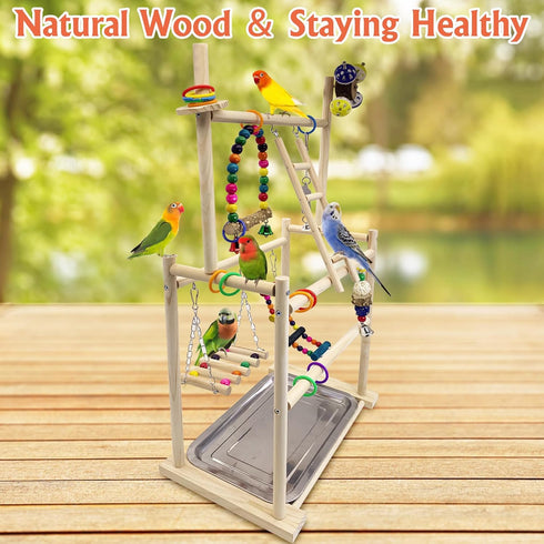 3-Tier Hamiledyi Natural Wood Bird Playground - Large Perch Stand with Exercise Platforms Durable Activity Gym