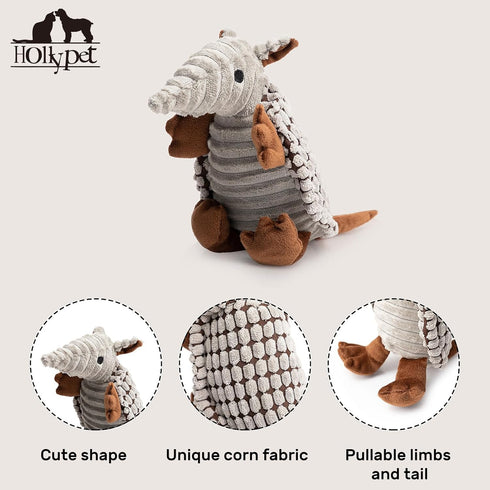 Hollypet Plush Dog Squeaky Toy Stuffed Armadillo, Chew Toys for Small Medium Large Dogs, Gray, 8 in